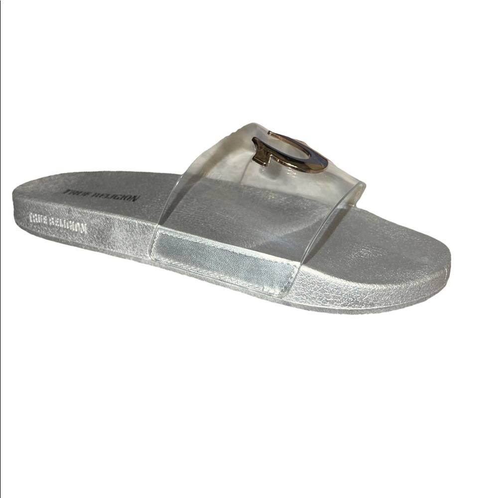 True religion clear top slip on sandals slides silver with gold logo